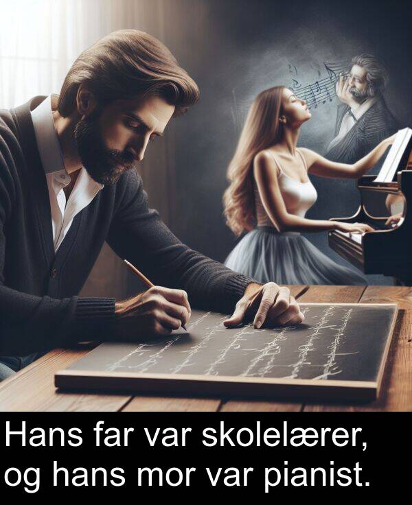 hans: Hans far var skolelærer, og hans mor var pianist.