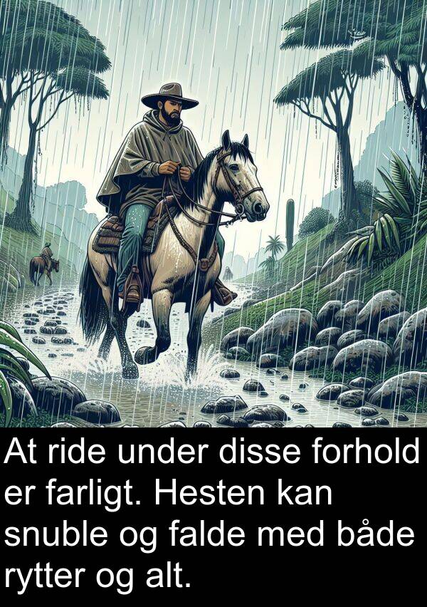 falde: At ride under disse forhold er farligt. Hesten kan snuble og falde med både rytter og alt.