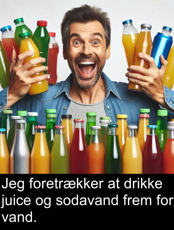 vand: Jeg foretrækker at drikke juice og sodavand frem for vand.