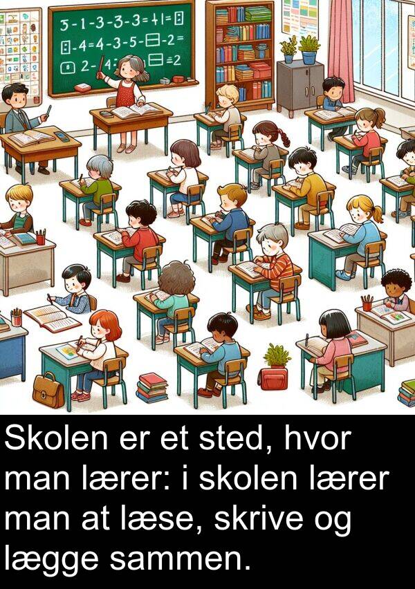 man: Skolen er et sted, hvor man lærer: i skolen lærer man at læse, skrive og lægge sammen.