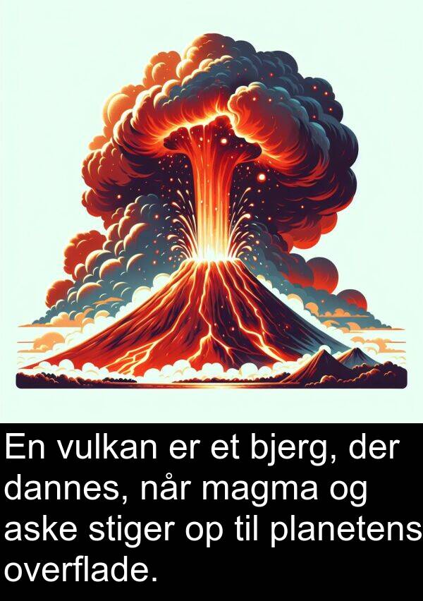 magma: En vulkan er et bjerg, der dannes, når magma og aske stiger op til planetens overflade.