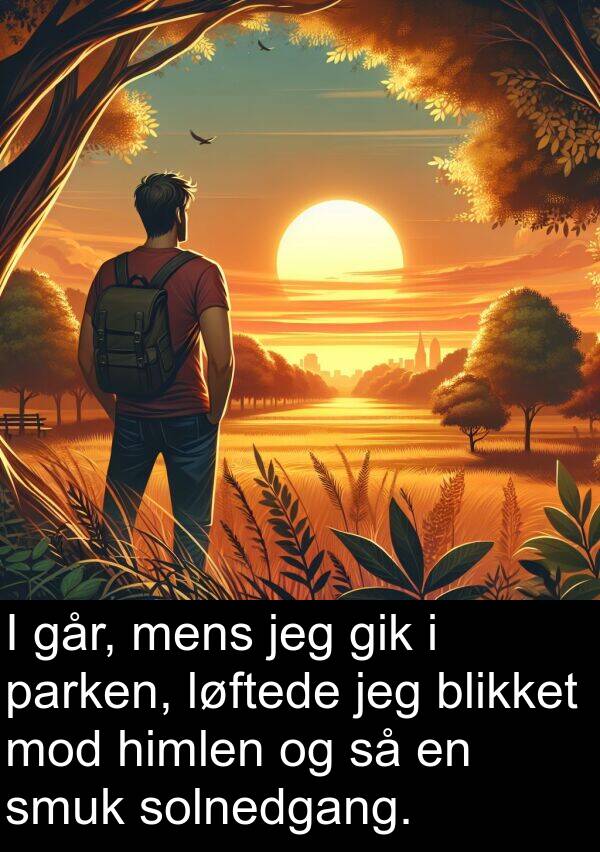 himlen: I går, mens jeg gik i parken, løftede jeg blikket mod himlen og så en smuk solnedgang.