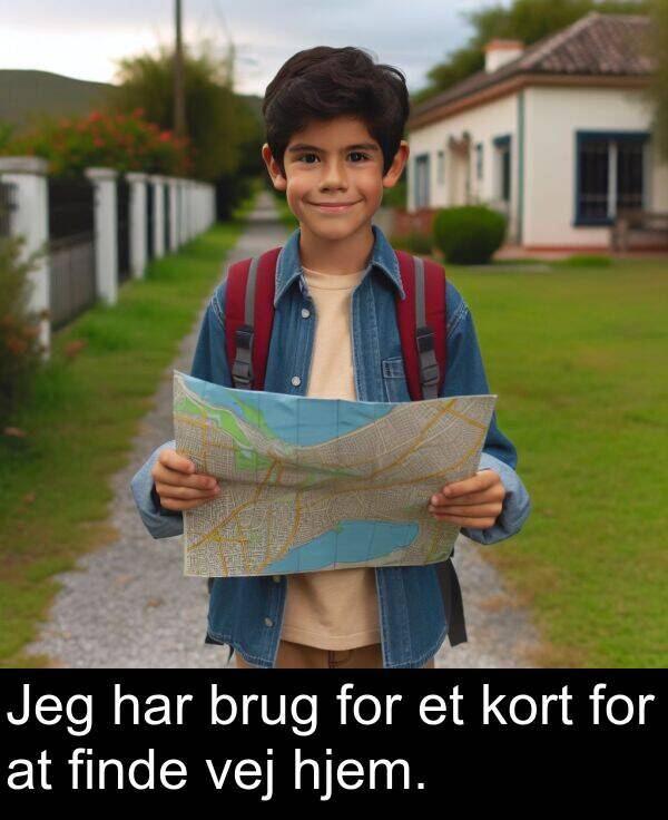 hjem: Jeg har brug for et kort for at finde vej hjem.