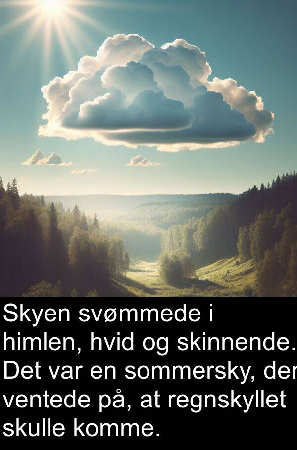 ventede: Skyen svømmede i himlen, hvid og skinnende. Det var en sommersky, der ventede på, at regnskyllet skulle komme.