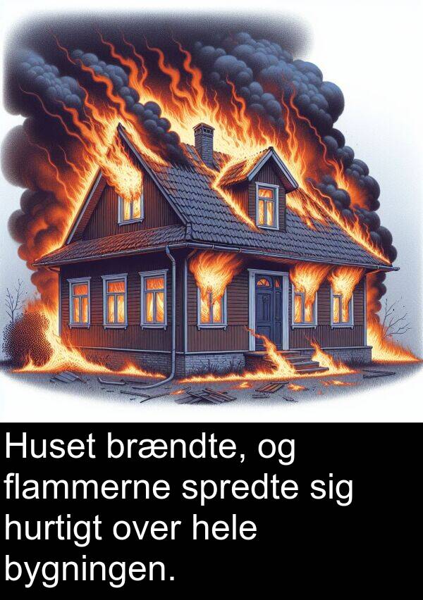 hele: Huset brændte, og flammerne spredte sig hurtigt over hele bygningen.