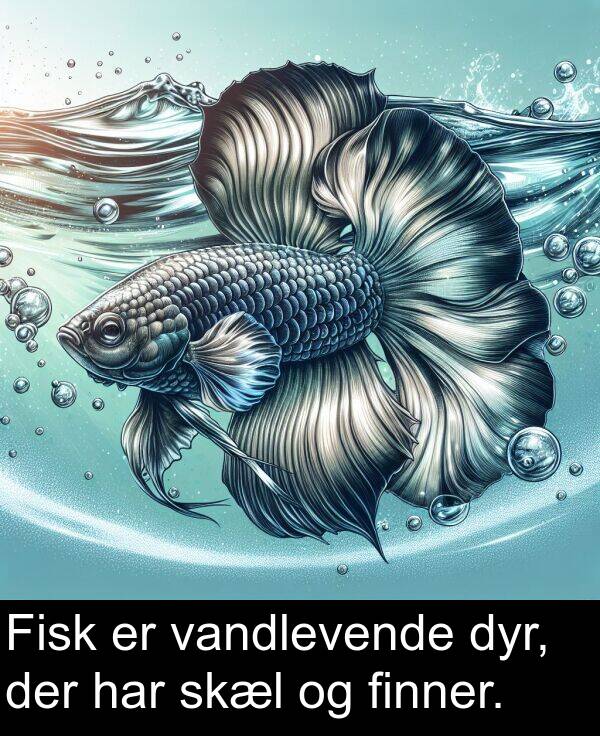 finner: Fisk er vandlevende dyr, der har skæl og finner.