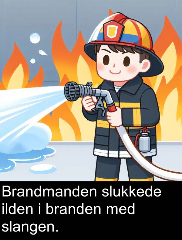 branden: Brandmanden slukkede ilden i branden med slangen.