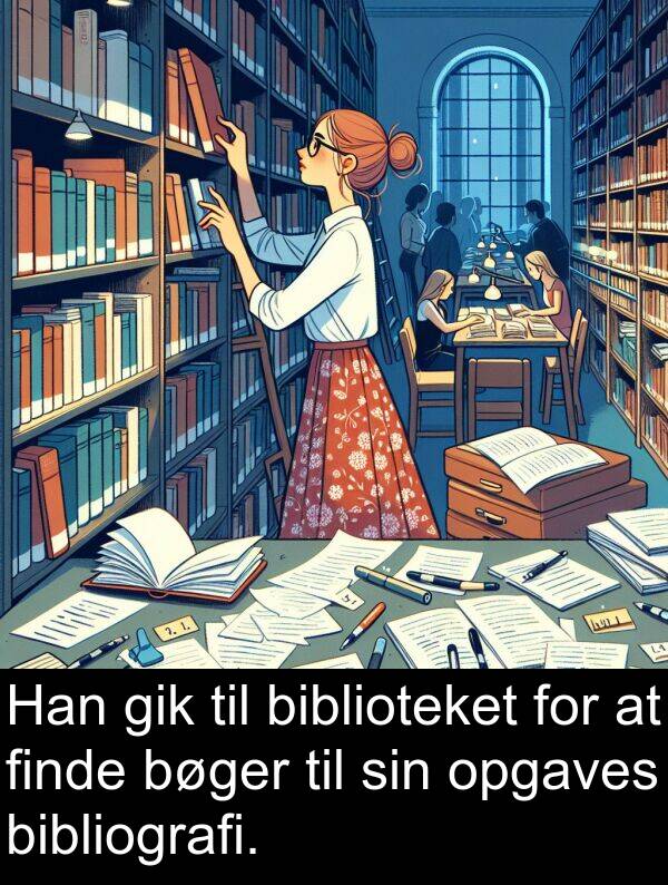 finde: Han gik til biblioteket for at finde bøger til sin opgaves bibliografi.