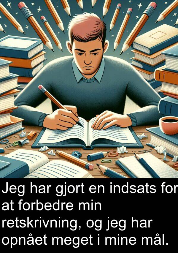 forbedre: Jeg har gjort en indsats for at forbedre min retskrivning, og jeg har opnået meget i mine mål.