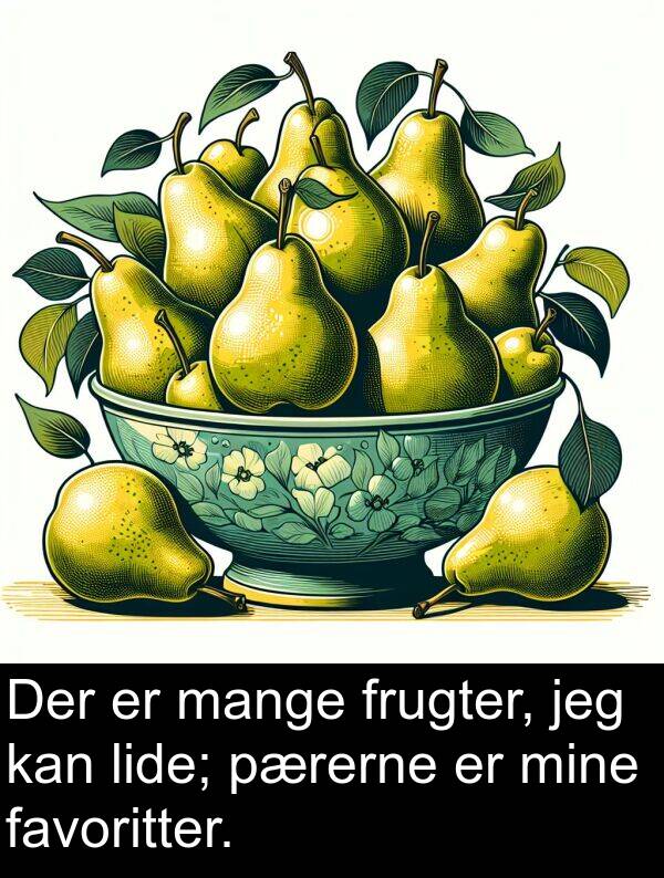 mange: Der er mange frugter, jeg kan lide; pærerne er mine favoritter.