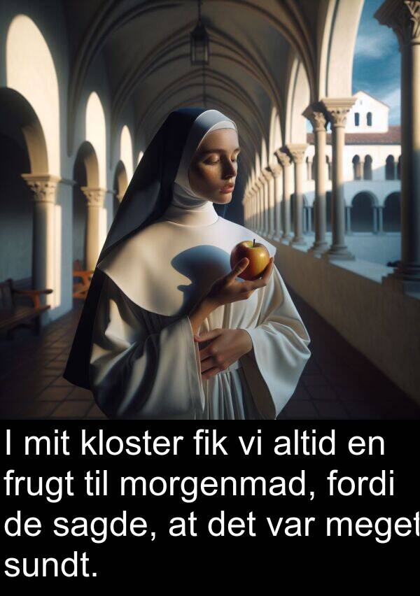 fik: I mit kloster fik vi altid en frugt til morgenmad, fordi de sagde, at det var meget sundt.