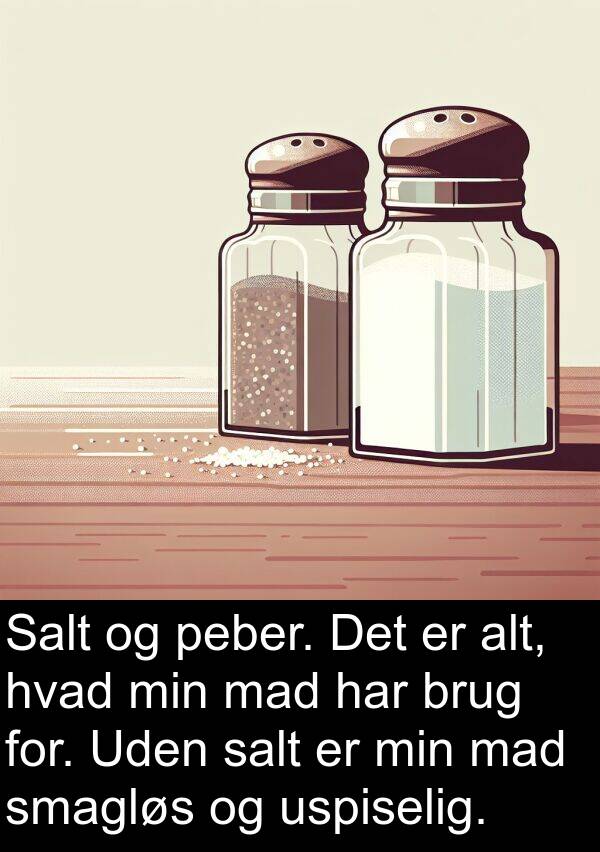 mad: Salt og peber. Det er alt, hvad min mad har brug for. Uden salt er min mad smagløs og uspiselig.