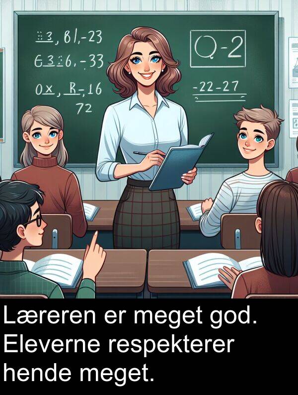 respekterer: Læreren er meget god. Eleverne respekterer hende meget.