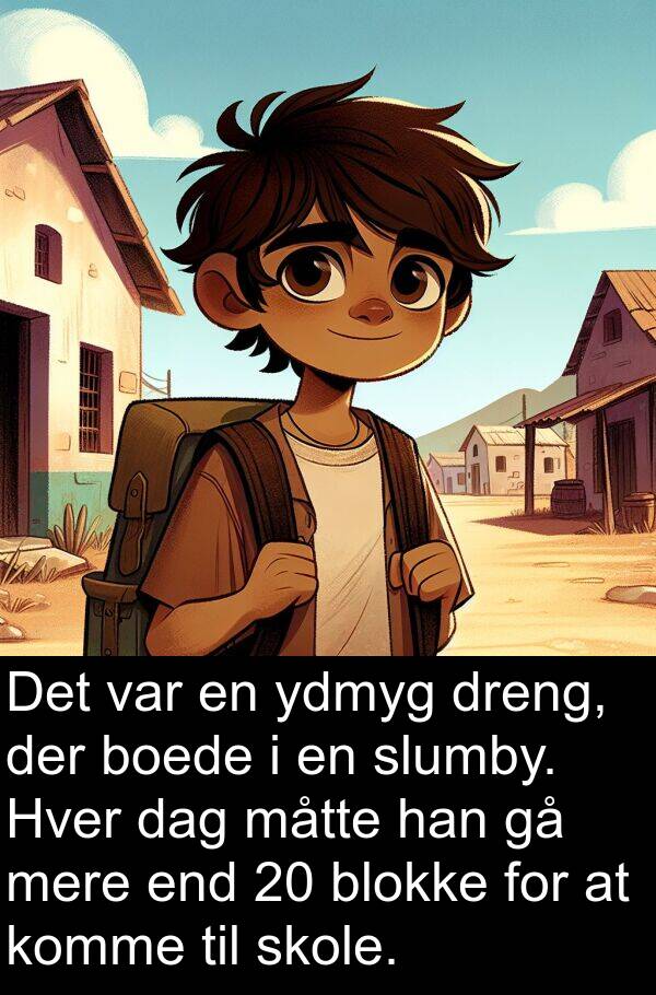 end: Det var en ydmyg dreng, der boede i en slumby. Hver dag måtte han gå mere end 20 blokke for at komme til skole.