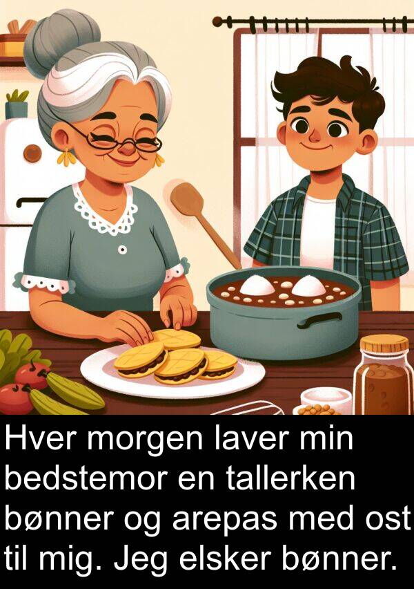 tallerken: Hver morgen laver min bedstemor en tallerken bønner og arepas med ost til mig. Jeg elsker bønner.