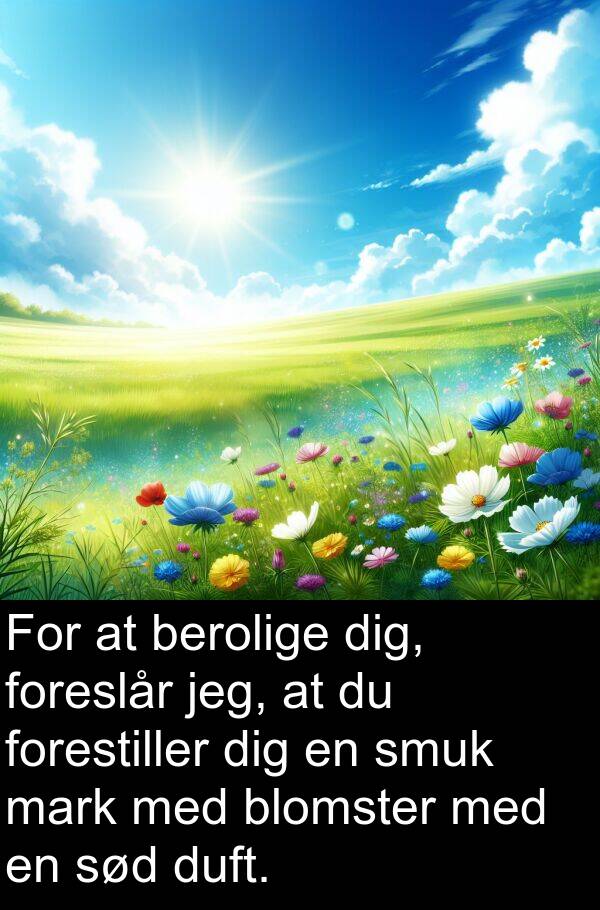 mark: For at berolige dig, foreslår jeg, at du forestiller dig en smuk mark med blomster med en sød duft.