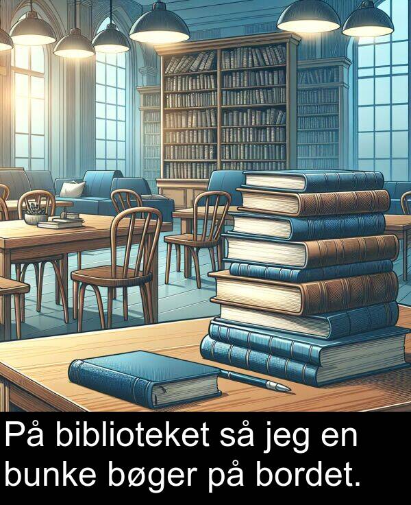 biblioteket: På biblioteket så jeg en bunke bøger på bordet.