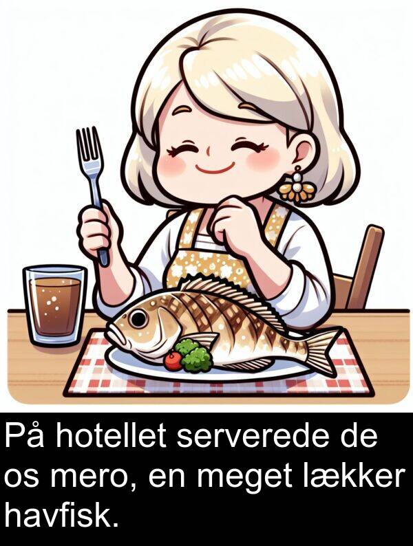 serverede: På hotellet serverede de os mero, en meget lækker havfisk.