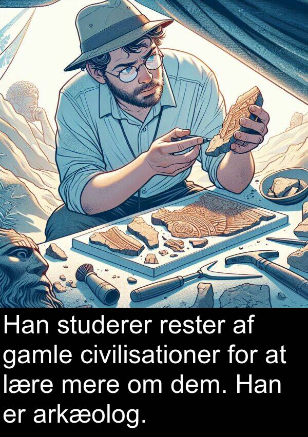 dem: Han studerer rester af gamle civilisationer for at lære mere om dem. Han er arkæolog.