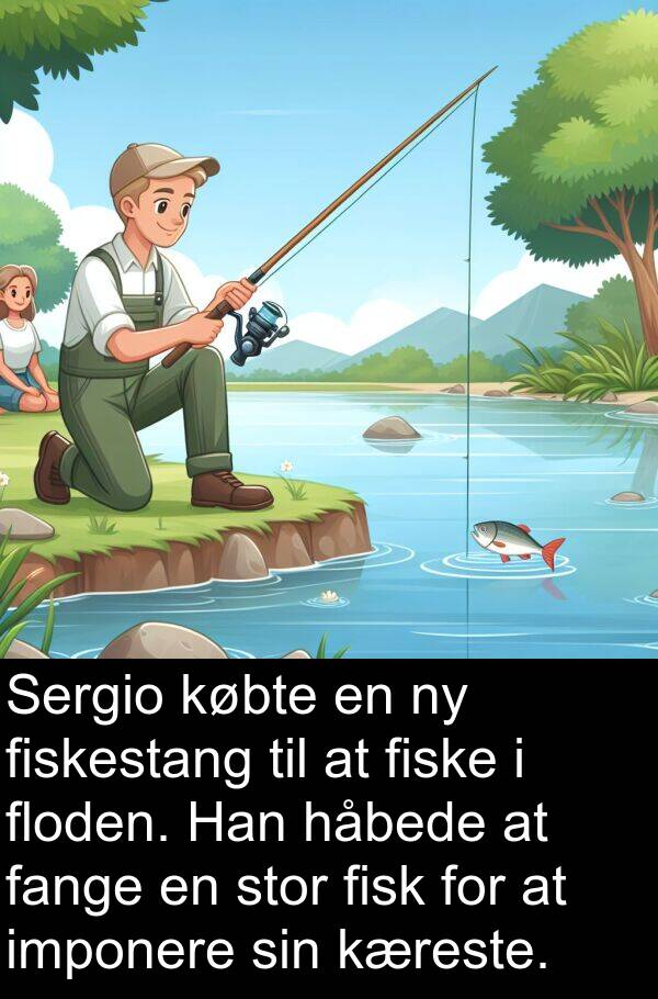 fange: Sergio købte en ny fiskestang til at fiske i floden. Han håbede at fange en stor fisk for at imponere sin kæreste.