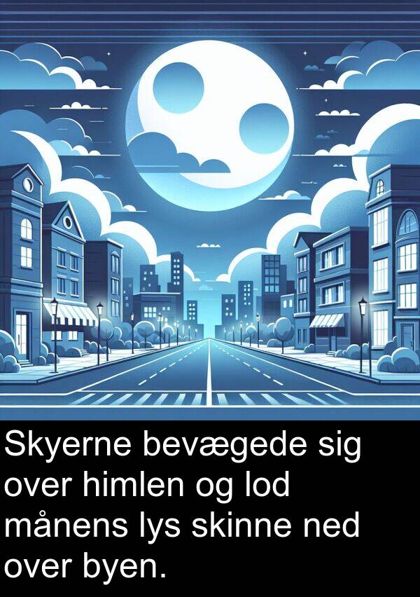 ned: Skyerne bevægede sig over himlen og lod månens lys skinne ned over byen.