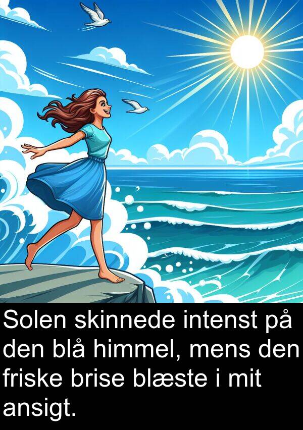 friske: Solen skinnede intenst på den blå himmel, mens den friske brise blæste i mit ansigt.