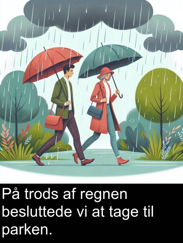 parken: På trods af regnen besluttede vi at tage til parken.