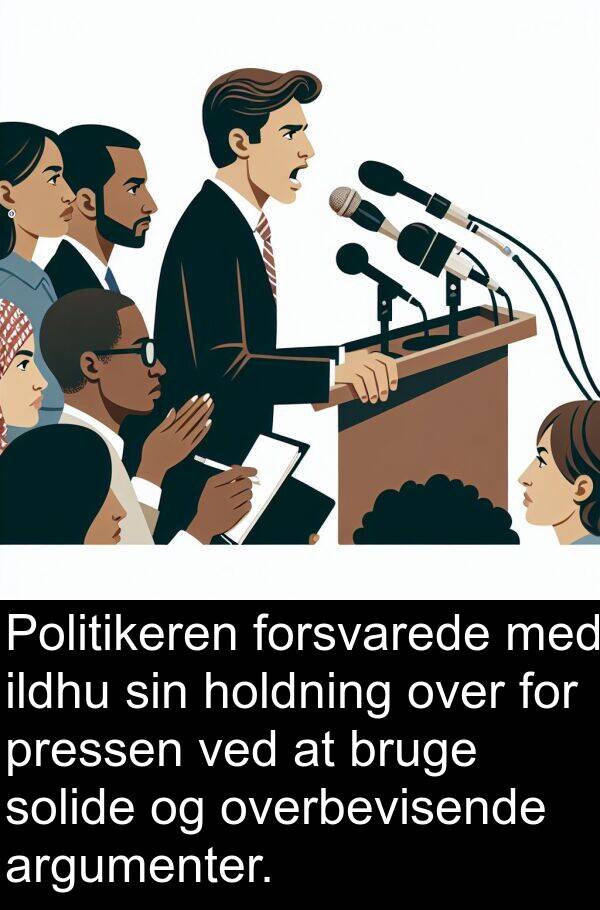 forsvarede: Politikeren forsvarede med ildhu sin holdning over for pressen ved at bruge solide og overbevisende argumenter.