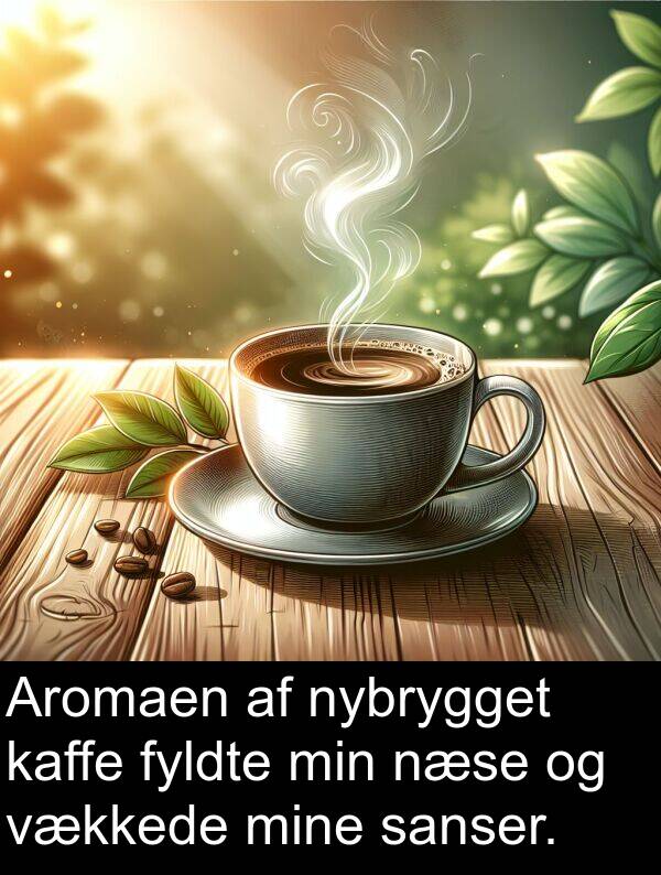 vækkede: Aromaen af nybrygget kaffe fyldte min næse og vækkede mine sanser.