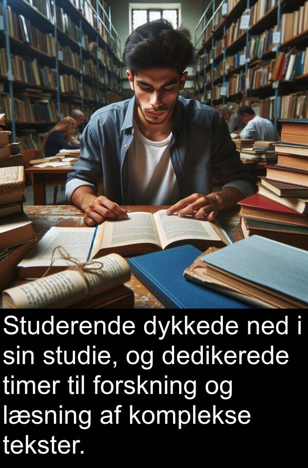 ned: Studerende dykkede ned i sin studie, og dedikerede timer til forskning og læsning af komplekse tekster.