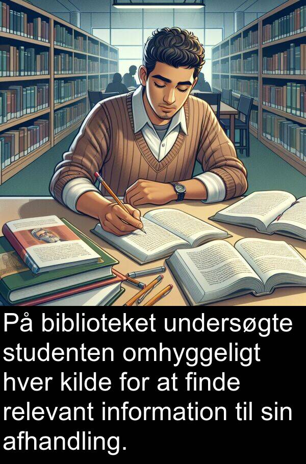 finde: På biblioteket undersøgte studenten omhyggeligt hver kilde for at finde relevant information til sin afhandling.