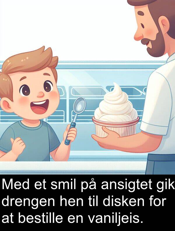 hen: Med et smil på ansigtet gik drengen hen til disken for at bestille en vaniljeis.