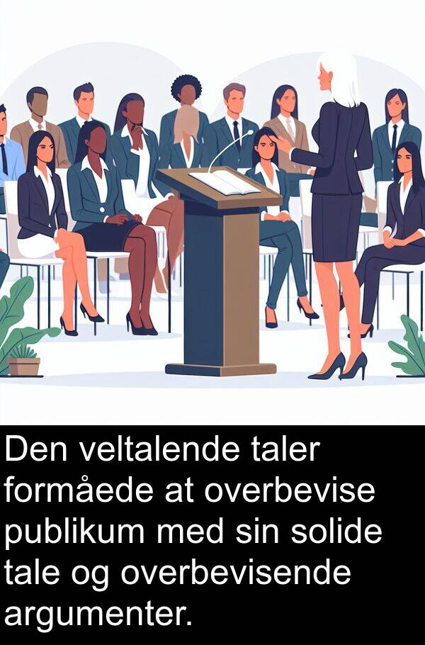 veltalende: Den veltalende taler formåede at overbevise publikum med sin solide tale og overbevisende argumenter.