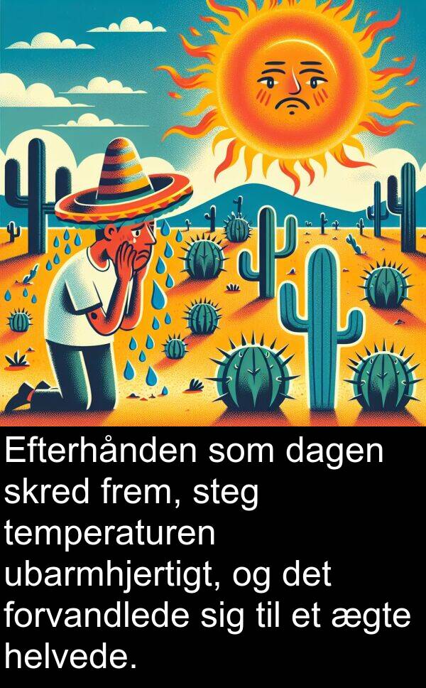 frem: Efterhånden som dagen skred frem, steg temperaturen ubarmhjertigt, og det forvandlede sig til et ægte helvede.