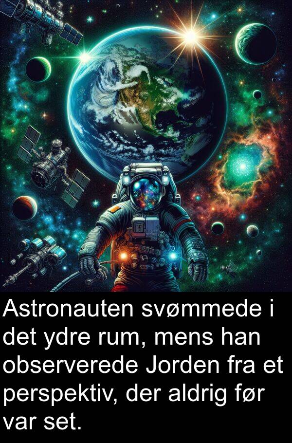 observerede: Astronauten svømmede i det ydre rum, mens han observerede Jorden fra et perspektiv, der aldrig før var set.