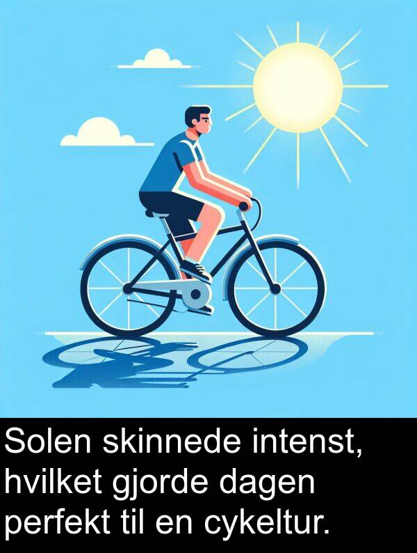 hvilket: Solen skinnede intenst, hvilket gjorde dagen perfekt til en cykeltur.