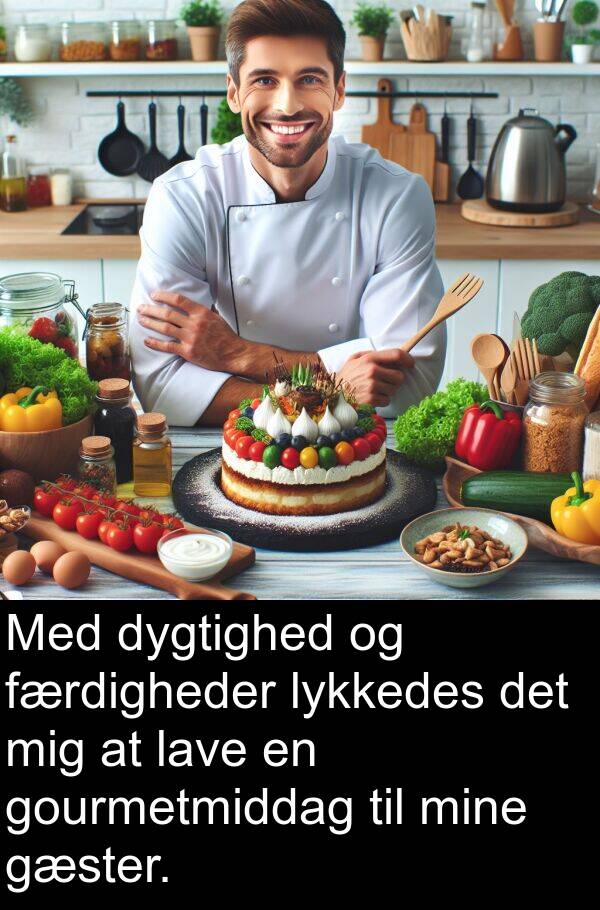 færdigheder: Med dygtighed og færdigheder lykkedes det mig at lave en gourmetmiddag til mine gæster.