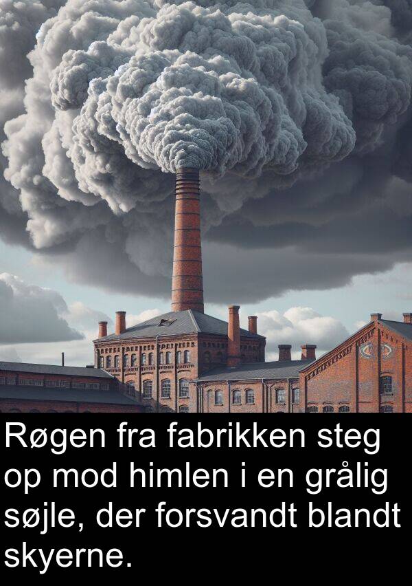 fabrikken: Røgen fra fabrikken steg op mod himlen i en grålig søjle, der forsvandt blandt skyerne.