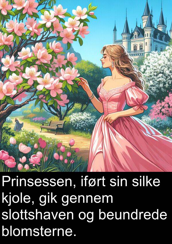 kjole: Prinsessen, iført sin silke kjole, gik gennem slottshaven og beundrede blomsterne.