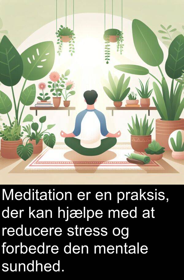 reducere: Meditation er en praksis, der kan hjælpe med at reducere stress og forbedre den mentale sundhed.