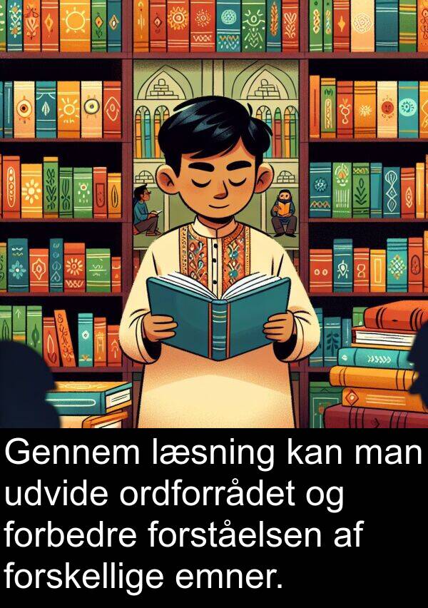 man: Gennem læsning kan man udvide ordforrådet og forbedre forståelsen af forskellige emner.