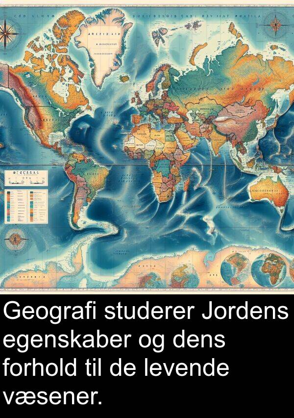 egenskaber: Geografi studerer Jordens egenskaber og dens forhold til de levende væsener.