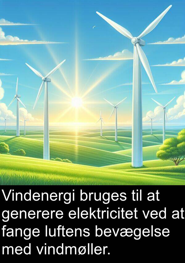 fange: Vindenergi bruges til at generere elektricitet ved at fange luftens bevægelse med vindmøller.