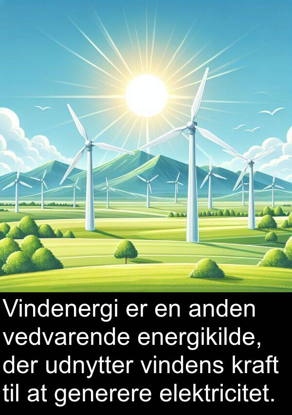 vedvarende: Vindenergi er en anden vedvarende energikilde, der udnytter vindens kraft til at generere elektricitet.