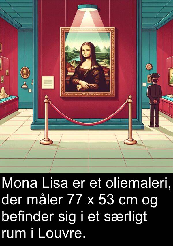 befinder: Mona Lisa er et oliemaleri, der måler 77 x 53 cm og befinder sig i et særligt rum i Louvre.