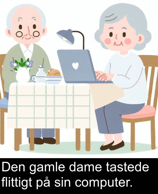 computer: Den gamle dame tastede flittigt på sin computer.