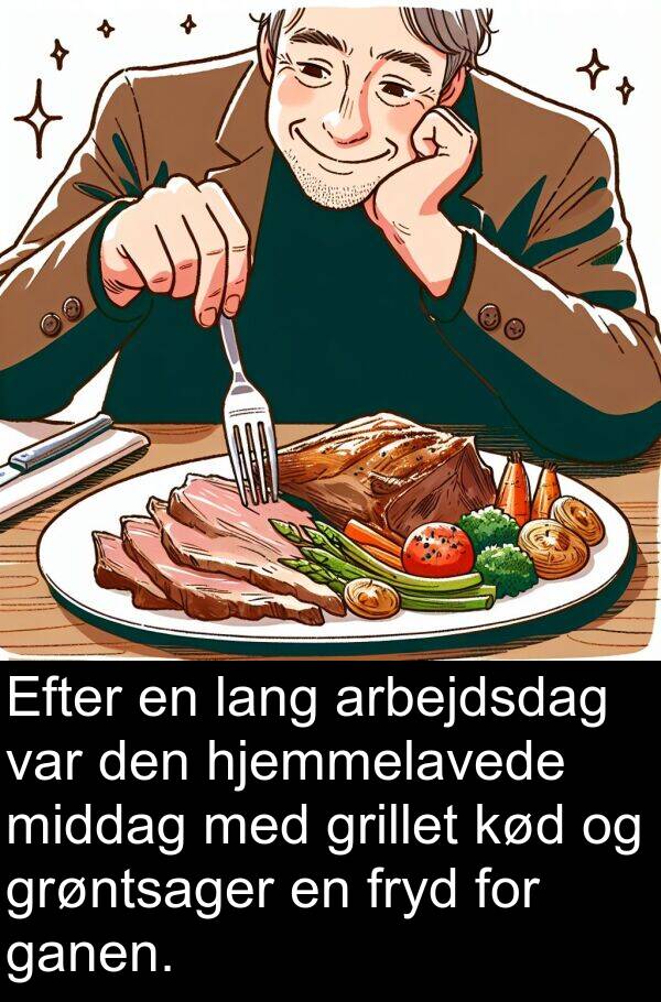 lang: Efter en lang arbejdsdag var den hjemmelavede middag med grillet kød og grøntsager en fryd for ganen.