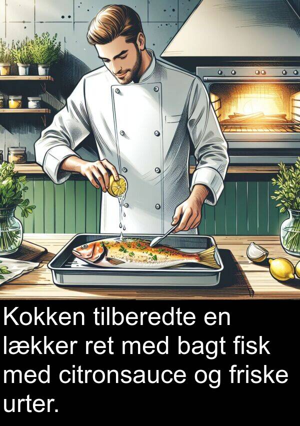 fisk: Kokken tilberedte en lækker ret med bagt fisk med citronsauce og friske urter.