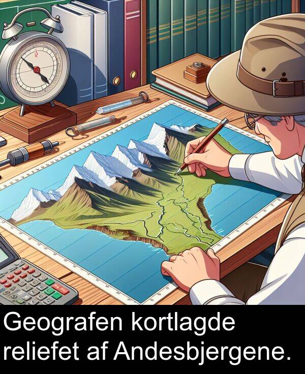 kortlagde: Geografen kortlagde reliefet af Andesbjergene.