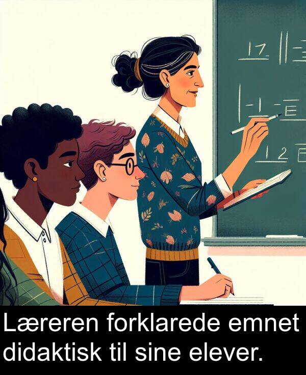 elever: Læreren forklarede emnet didaktisk til sine elever.